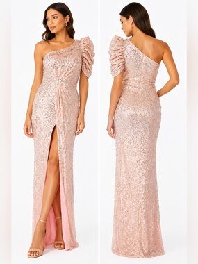 NWT Primavera Couture Rose Ruffle One-Shoulder Sequin Gown with Slit 12053 size6